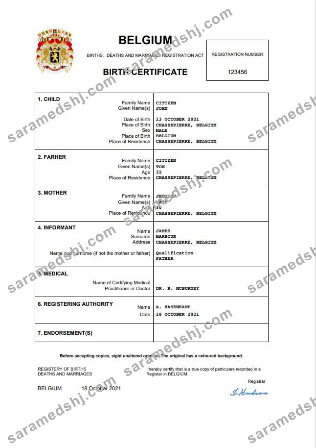 Belgium vital record birth certificate Word and PDF